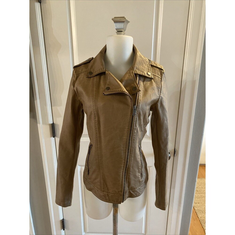 Shelby Faux Leather Zippered Moto Jacket Light Tan‎ Camel -Size Small